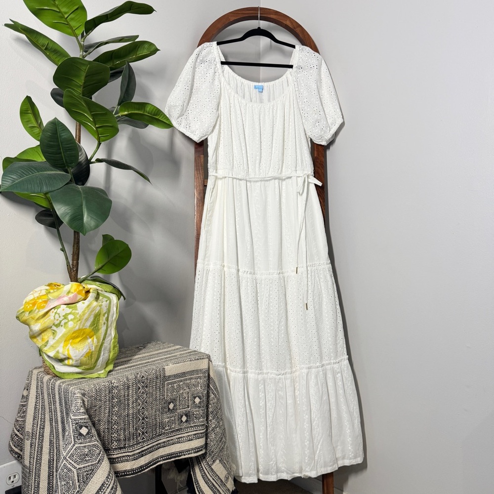 Draper James RSVP XL White Puff Sleeve Cottagecore Eyelet Tiered Maxi Dress